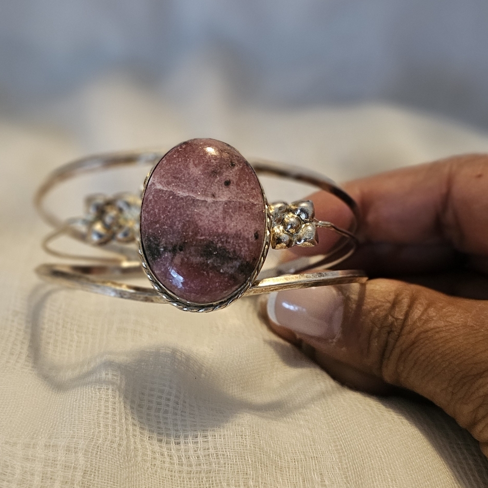 Handcrafted Pink Stone Silver Cuff Bracelet
